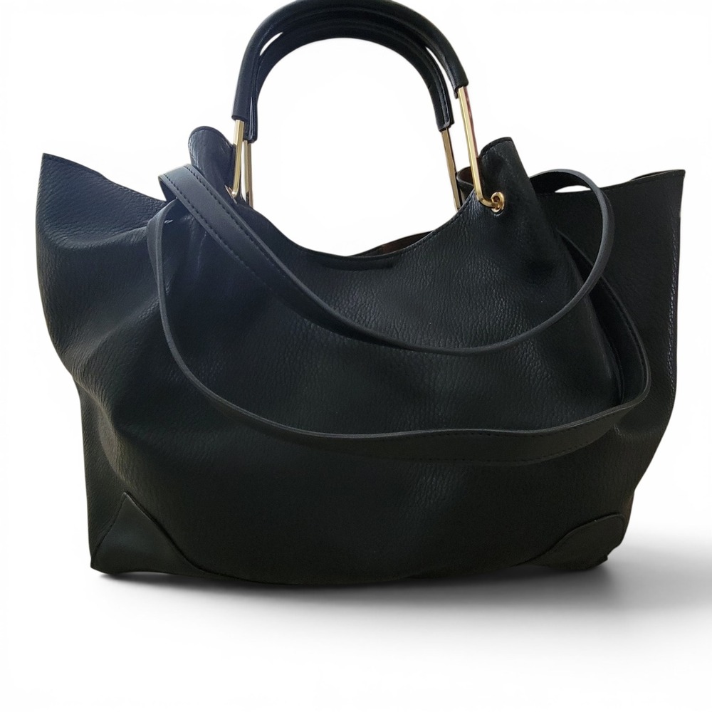 Sondra Roberts Black Pebbled Leather Slouchy Oversized Tote Gold Hardware NWT